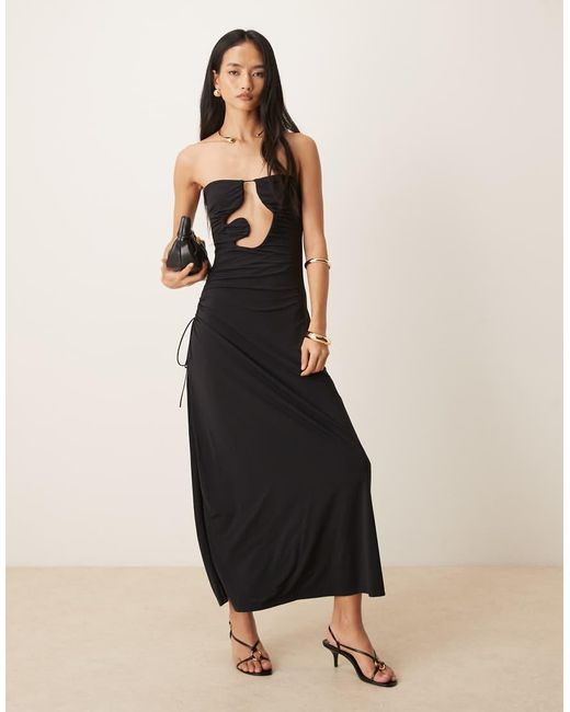 Bardot Black Alberta Slinky Bandeau Abstract Cutout Detail Gathered Tie Side Maxi Dress