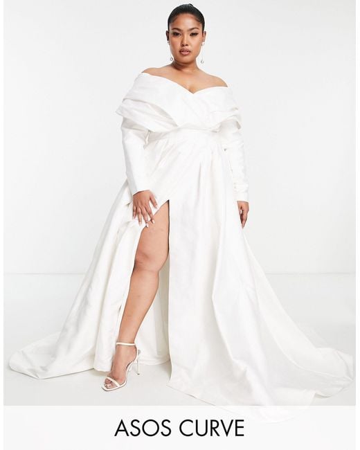 ASOS Curve Lola Satin Structured Off Shoulder Wedding Dress With Full