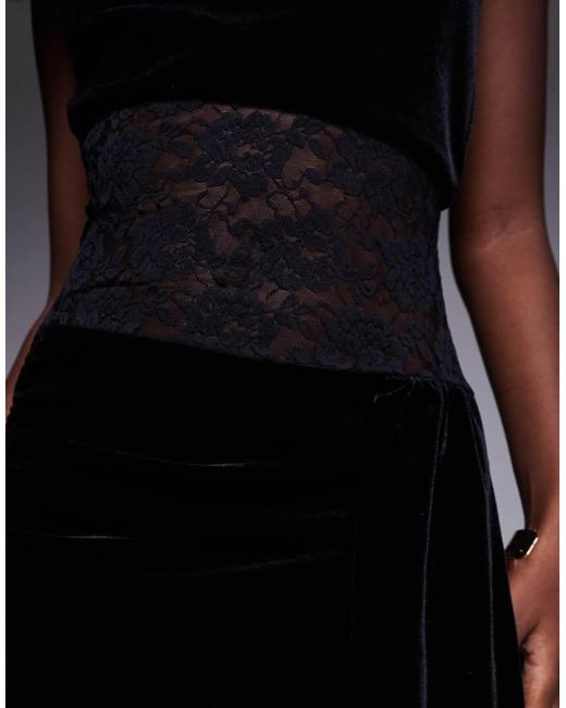 The Frolic Black Exclusive Velvet And Lace Sleeveless Drape Detail Mini Dress
