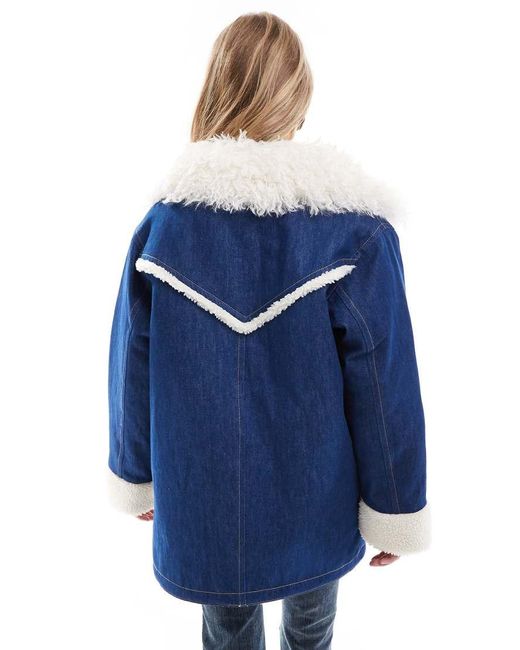 Wrangler Blue Fleece And Borg Denim Aviator Jacket