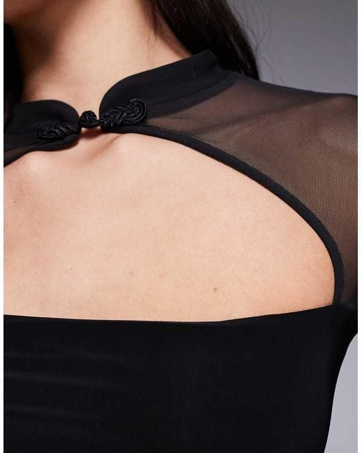 ASOS Black Mesh Slinky Rouleau Loop Long Sleeve Top With Cutout
