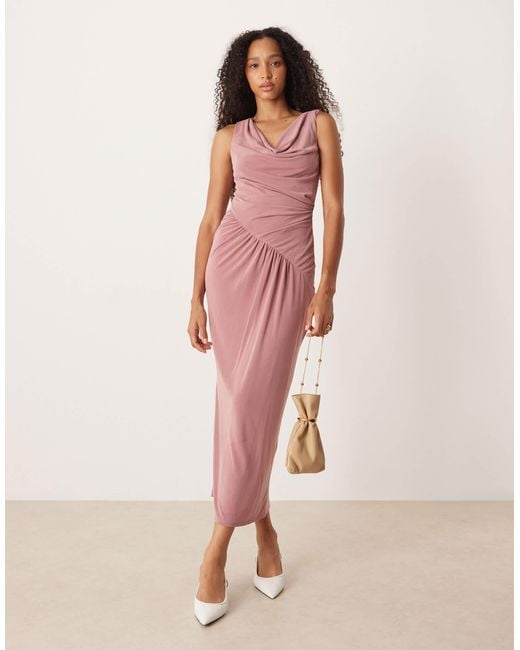 ASOS Pink Asym Cowl Ruched Midi Dress