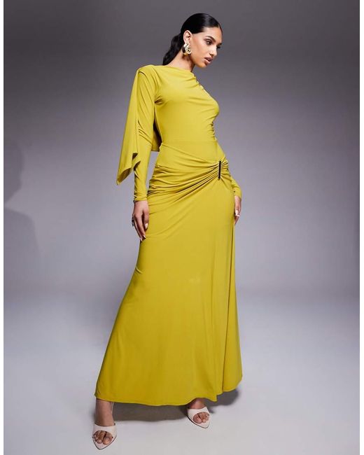 ASOS Maxi Jurk Met Lange Mouwen En Gedrapeerde Rok in het Yellow
