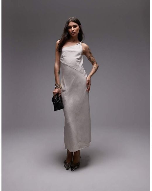 & Other Stories Gray One Shoulder Linen Midi Dress With Twisted Strap Detail