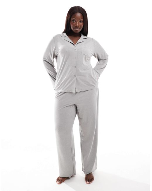 Loungeable Gray Curve Super Soft Jersey Revere Top And Wide Leg Pyjama Set With Piping Detail