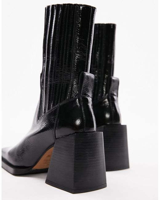 TOPSHOP Black Polly Premium Leather Square Toe Heeled Chelsea Boots
