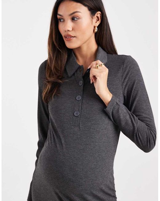 Mama.licious Blue Mamalicious Maternity Jersey Rib Nursing Friendly Polo Detail Midi Dress