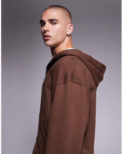 ASOS Brown Premium Heavyweight Oversized Zip Through Hoodie for men