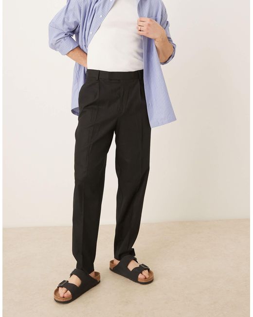 ASOS Black Smart Relaxed Tapered Fit Linen Blend Pants With Front Pleat for men