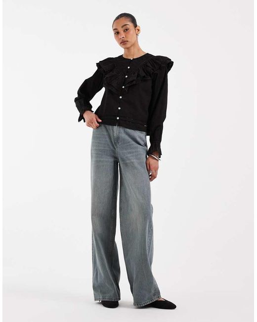 Neon Rose Black Co-Ord Long Sleeve Ruffle Collared Button Up Blouse