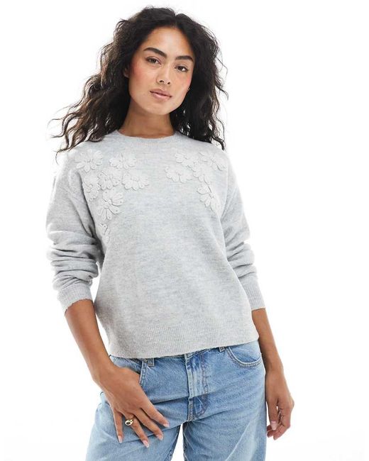 Brave Soul Gray Crew Neck Jumper With Flower Embroider Detail