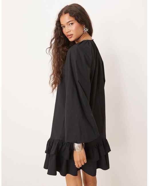 ASOS Black Drop Waist Frill Detail With Lace Trim Mini Dress