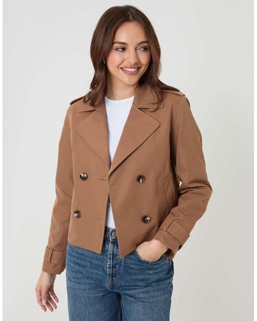 Threadbare Brown Double Breasted Cropped Trench Coat