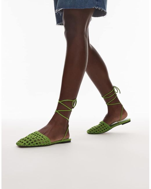 TOPSHOP Green Arri Woven Tie Up Flat Shoe
