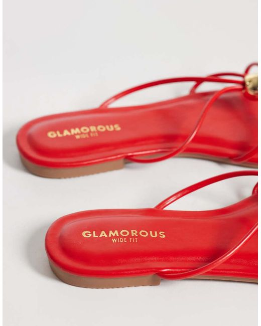 Glamorous Red Flat Sandals With Gold Detail