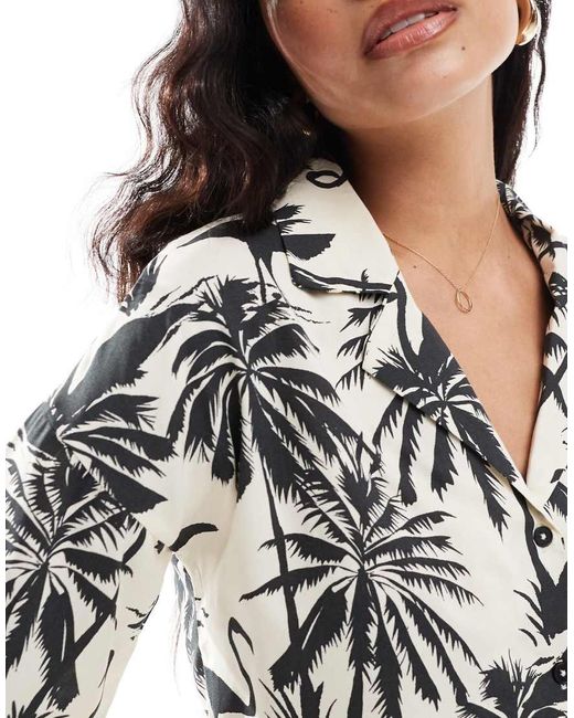 Noisy May Gray Cropped Boxy Resort Shirt Co-ord With Palm Print