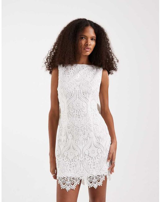 TFNC London White Bridal Boat Neck Bow Back Lace Mini Dress