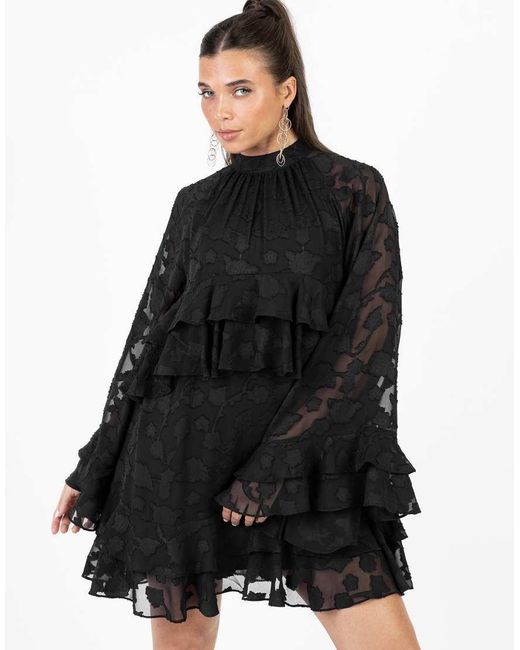 ANAYA Black Floral Burnout High Neck Ruffle Sleeve Shift Mini Dress
