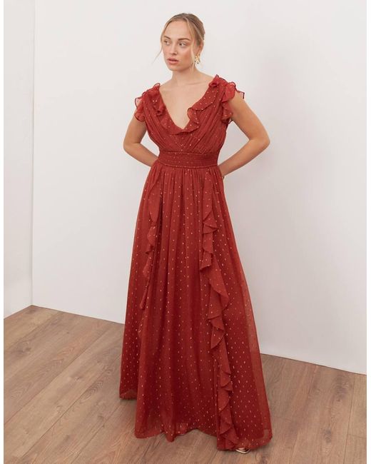 ANAYA Red Plunge Neck Waterfall Ruffle Maxi Dress