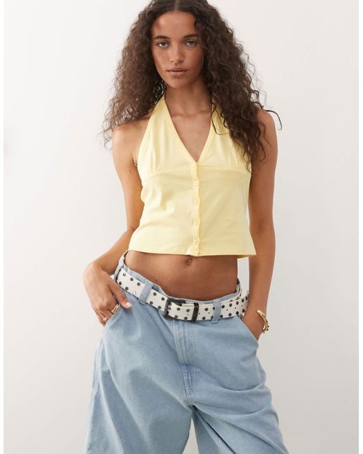 Collusion Blue Button Front Halter Neck Top