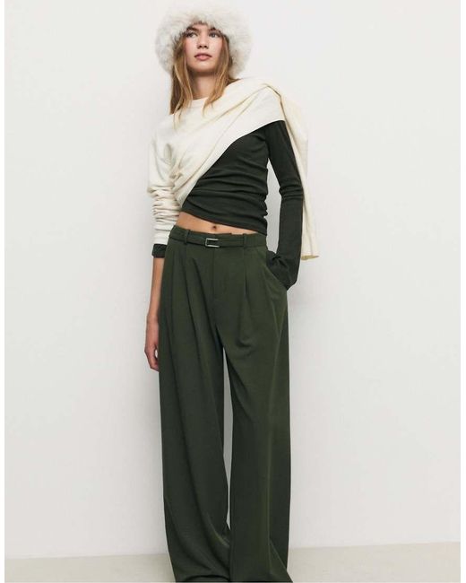 Stradivarius Green Smart Wide-leg Trousers With Buckle Detail