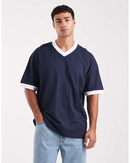 T-Shirt Oversize Con Scollo A V E Profili A Contrasto di ASOS in Blue da Uomo