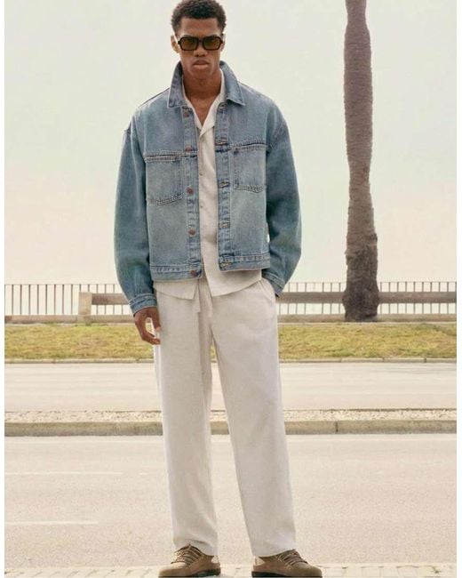 Pull&Bear White Linen Blend Trousers for men