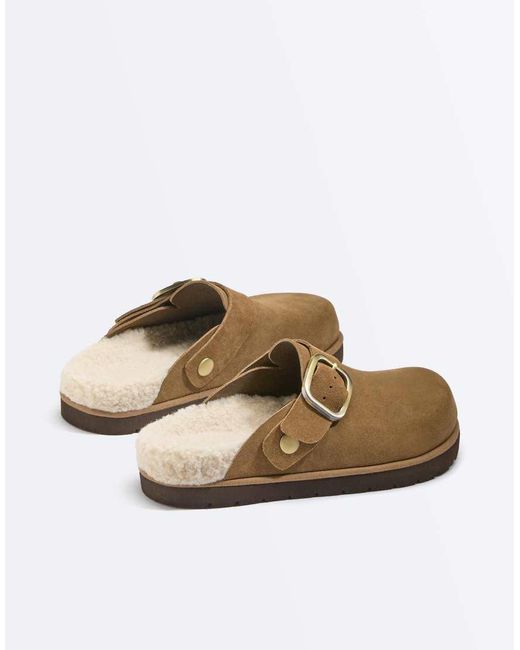 Oysho Brown Buckled Split-leather Faux Shearling Clogs