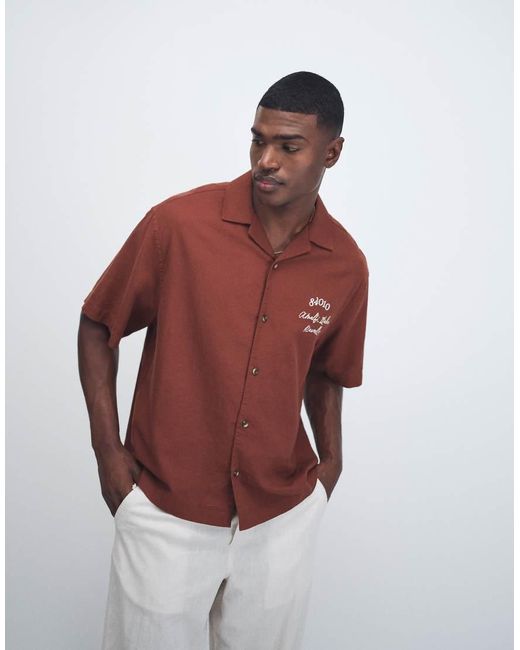 ASOS Red Oversized Revere Linen Blend Shirt With Back And Chest Embroidery for men