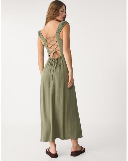 Stradivarius Green Maxi Dress With Crossed Back With Linen