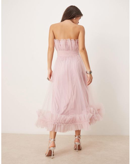 LACE & BEADS Pink Bandeau Ruffle Hem Tulle Midaxi Dress