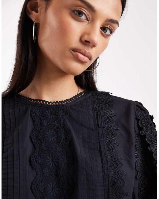 AllSaints Blue Hart Embroidered Detail Long Sleeve Co-Ord Cropped Blouse