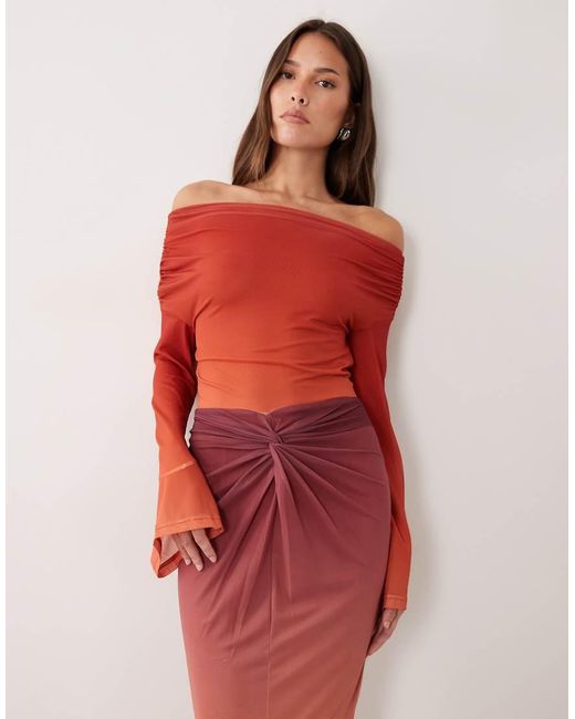 Ruched & Ready Red Sculpting Mesh Off-shoulder Wide Sleeve Twist Skirt Detail Maxi Dress