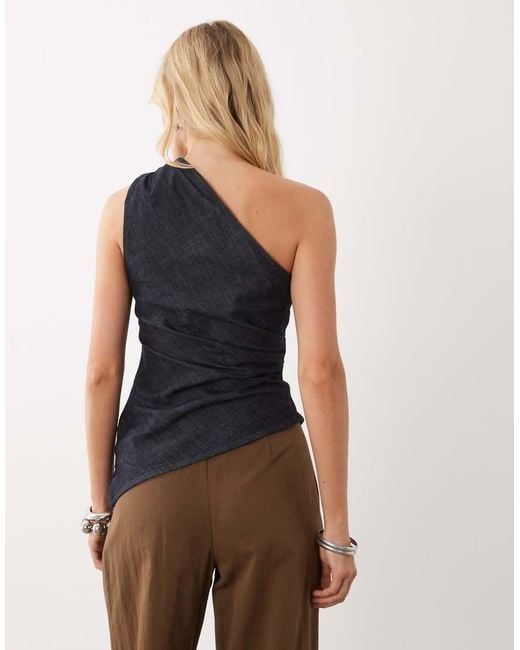 Mango Blue Noah Denim One Shoulder Asymmetric Sleeveless Top