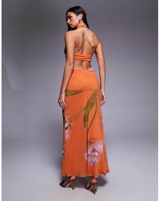 ASOS Brown Printed Mesh Cowl Neck Maxi Dress With Orange Floral Print