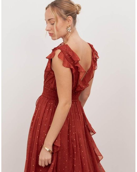 ANAYA Red Plunge Neck Waterfall Ruffle Maxi Dress
