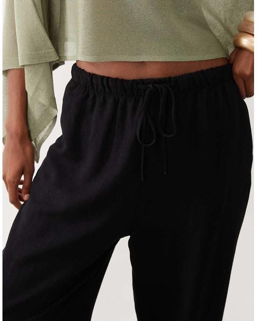 ASOS Black Linen Blend Wide Leg Pull On Trouser