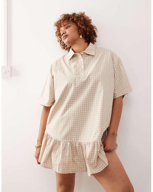 Collusion Natural Plus Check Pleated Skirt Shirt Dress