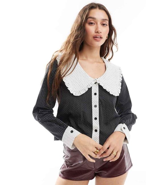 Daisy Street Long Sleeve V Neck Button Up Blouse With Contrast Stripe Collar in Black Lyst UK