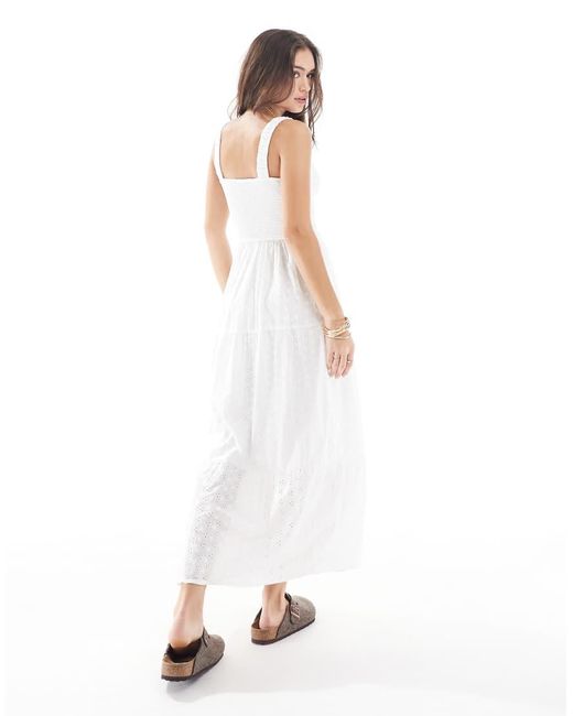 Hollister White Embroidered Eyelet Detail Shirred Bust Maxi Dress With Thigh Split