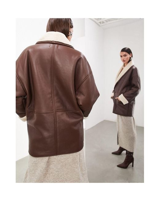 ASOS Brown Oversized Real Leather Borg Lined Jacket