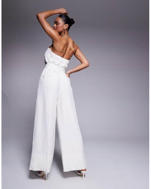 Forever New White Tie Waist Strapless Wide Leg Jumpsuit