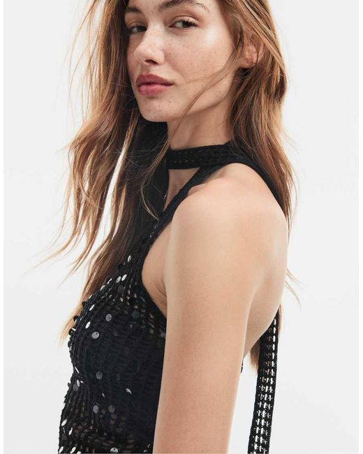 Stradivarius Black Sequin Scarf Top