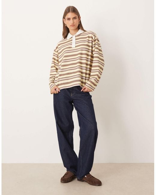 ASOS Natural Long Sleeve Stripe Rugby Polo