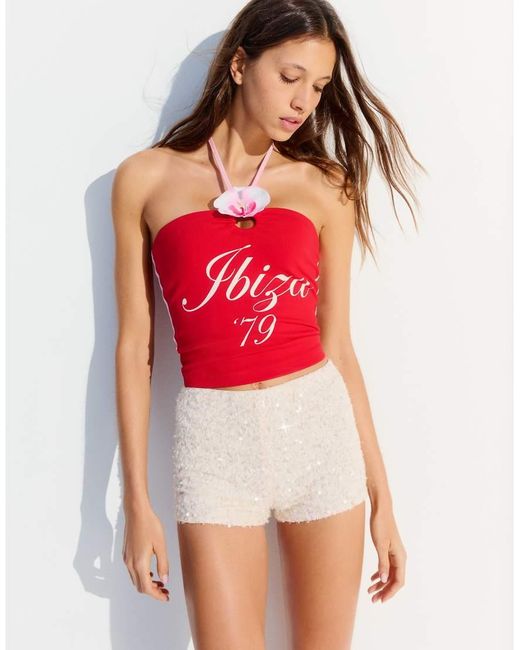 Bershka Red Sequinned Mini Shorts