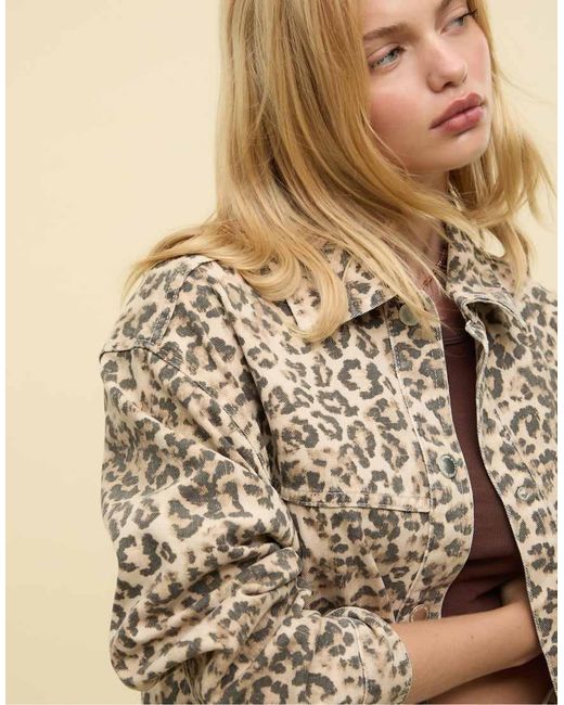 Stradivarius Natural Leopard Print Twill Jacket With Pockets