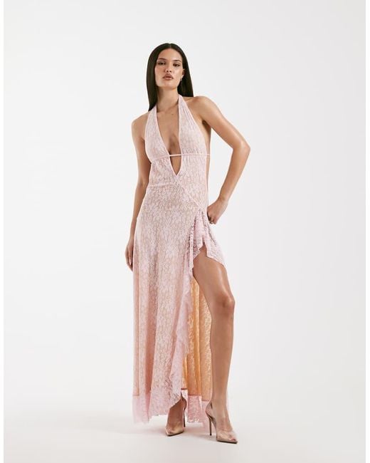 I.AM.GIA Pink Irisia Lace Plunge Halterneck Backless Thigh Split Maxi Dress