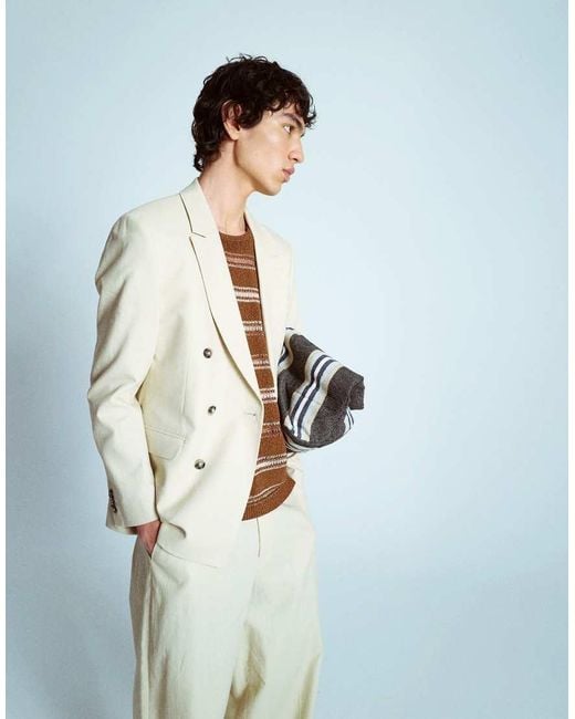 Topman Natural Double Breasted Linen Blend Blazer for men
