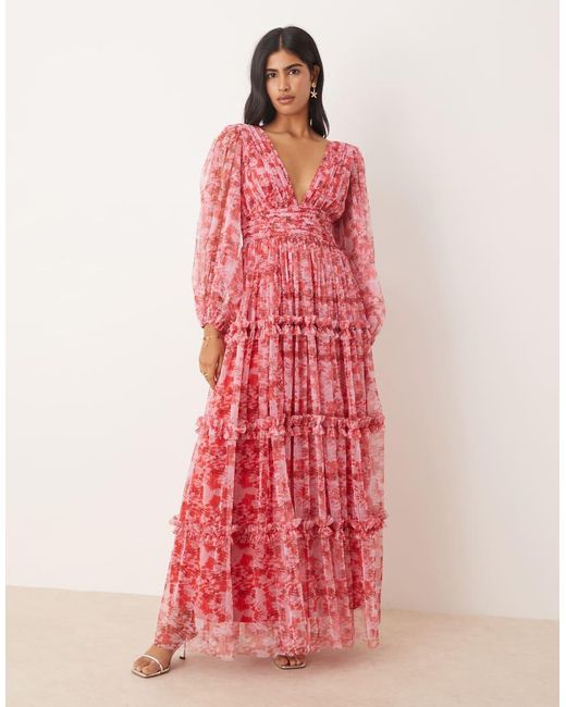 LACE & BEADS Pink Long Sleeve Maxi Dress