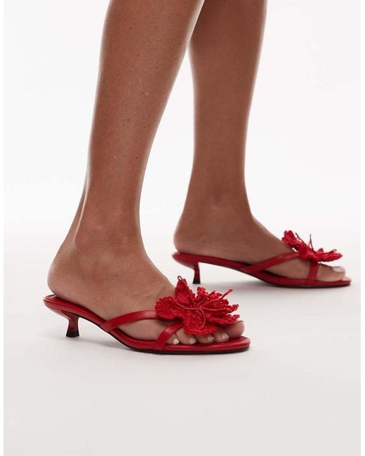 TOPSHOP Red Ish Kitten Heeled Sandal With Knitted Flower